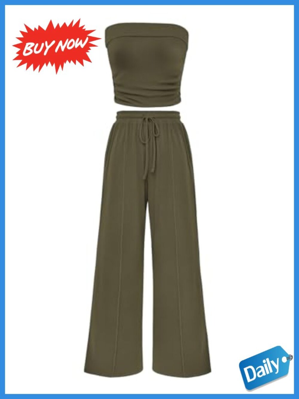 Ribbed Knit 2 Piece Lounge Set Tube Top Wide Leg Pants Women Travel